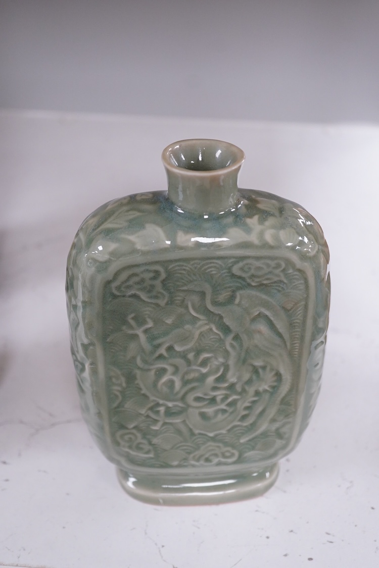 A Japanese celadon glazed flask, 19.5 cm high.